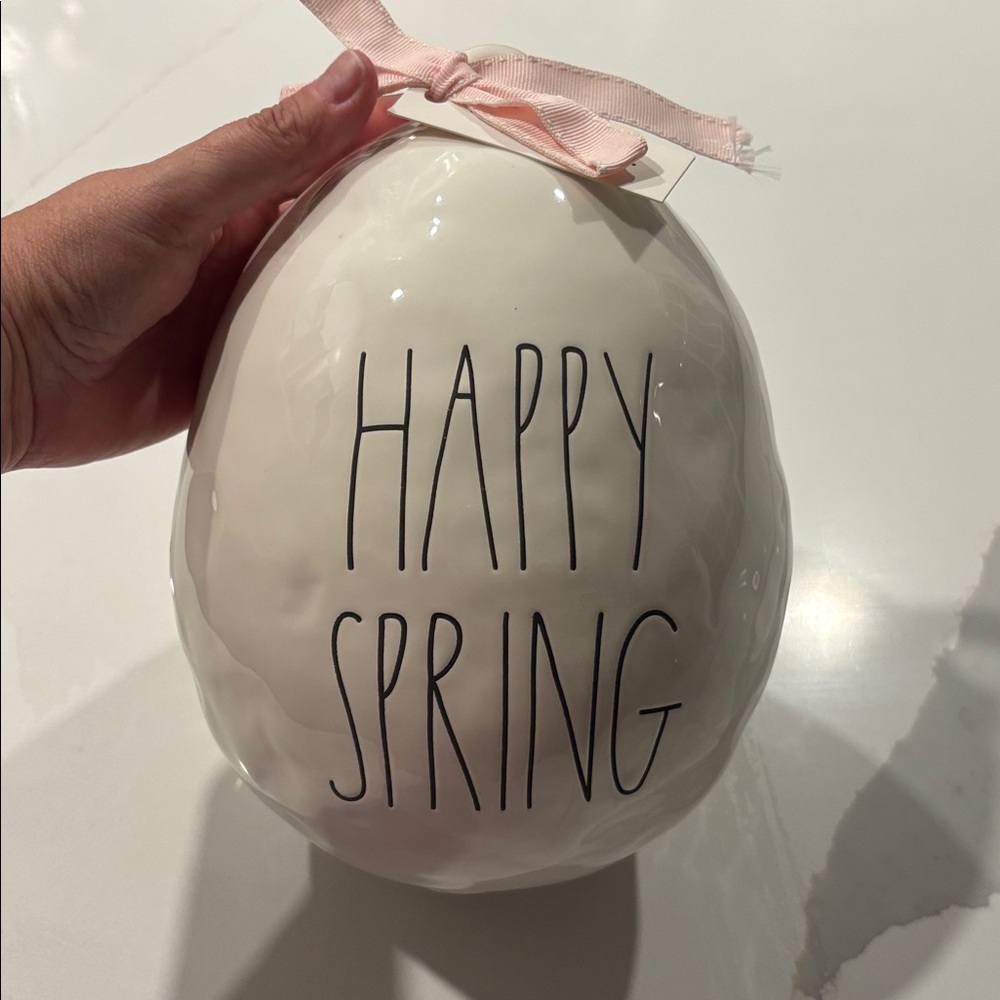 Rae Dunn “HAPPY SPRING” Cream & Black Ceramic Egg w Pink Ribbon… NWT - Picture 2 of 5